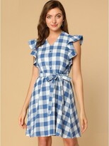 Thumbnail for your product : Allegra K Women' Caual Ruffled Sleeve A-Line Vintage Gingham Check Sundre Red Black Medium