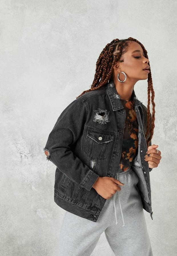 oversized black denim jacket distressed