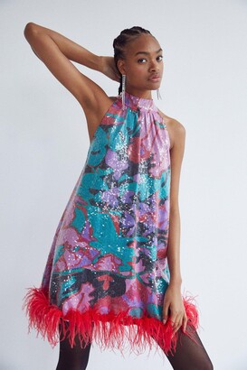 Warehouse Floral Sequin Halter Neck Feather Mini Dress