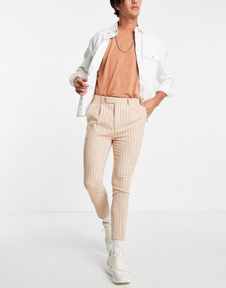 ASOS DESIGN wool mix tapered smart trouser in peach pinstripe