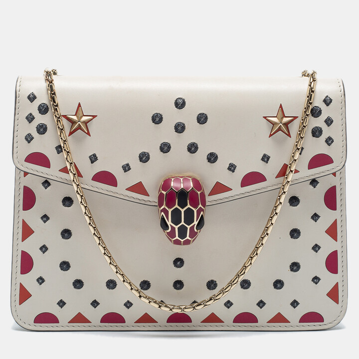 Bvlgari Off White Printed and Embroidered Leather Small Serpenti