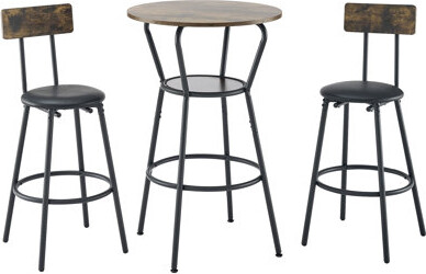 Round Bar Table And Stool Set With Shelf, Upholstered Stool With Backrest, Rustic Brown