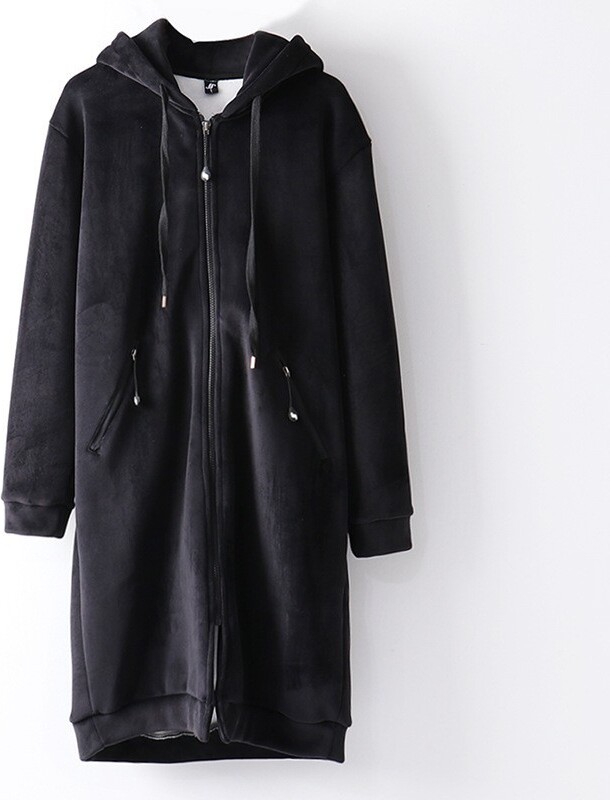 None Medium Long Velvet Zipper Hoodie Jacket Loose Versatile Cardigan Sweatshirt Women & apos;s Spring Autumn Student Thick Warm Top