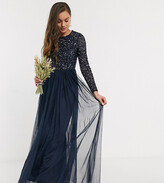 Thumbnail for your product : Maya Petite Bridesmaid long sleeve maxi tulle dress with tonal delicate sequin in navy