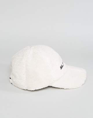 ASOS DESIGN Baseball Cap In Cream Borg With Below Zero Embroidery