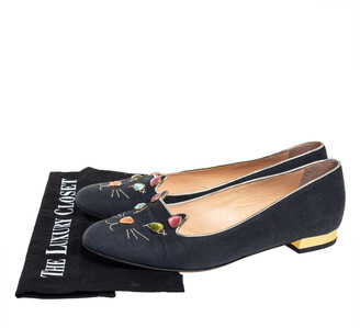 Charlotte Olympia Black Fabric And Patent Leather Emoticats Cheeky Kitty Ballet Flats Size 39.5