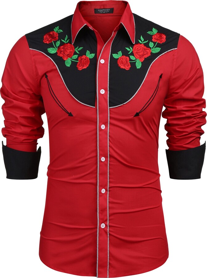 COOFANDY Men's Floral Shirts Embroidered Long Sleeve Western Cowboy ...