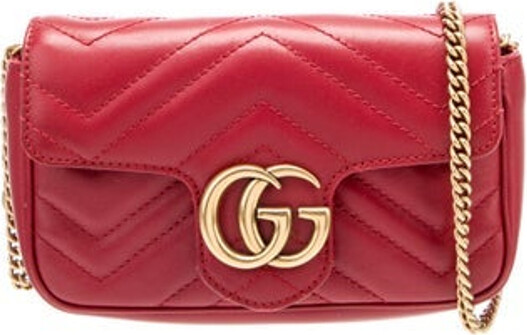 Gucci Crossbody Bag Red Leather Double G Logo Gold-Tone Hardware Chain-Link Shoulder Strap Chain-Link Accents Suede Lining & Single Interior Pocket Snap Closure at Front Unfortunately due to restrictions this item may not be eligible for shipping in all areas.