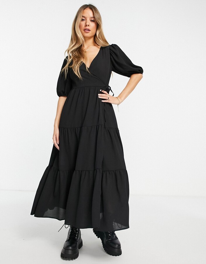 black wrap front midi dress