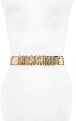 Moschino Jeweled Logo Plaque Metallic Leather Belt