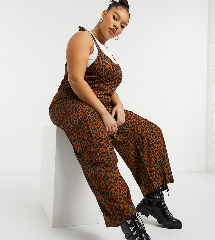 Native Youth Plus tie shoulder oversized dungaree jumpsuit in leopard