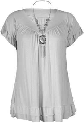 Purl Womens Tunic Gypsy Swing Flared Baggy Frill V Neck Short Sleeve Necklace Stretch Top Ladies Casual Summer T-Shirt Charcoal 20