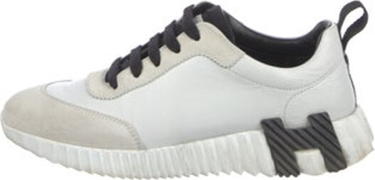 Hermes Bouncing Low Top Sneakers From the 2022 Collection White Leather H Logo Suede Trim Round-Toes Lace-Up Closure at Uppers Designer
