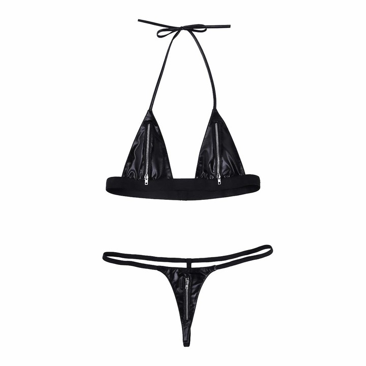 Agoky Women's Faux Leather Wet Look Bikini Swimwear Zipper Front Bra ...