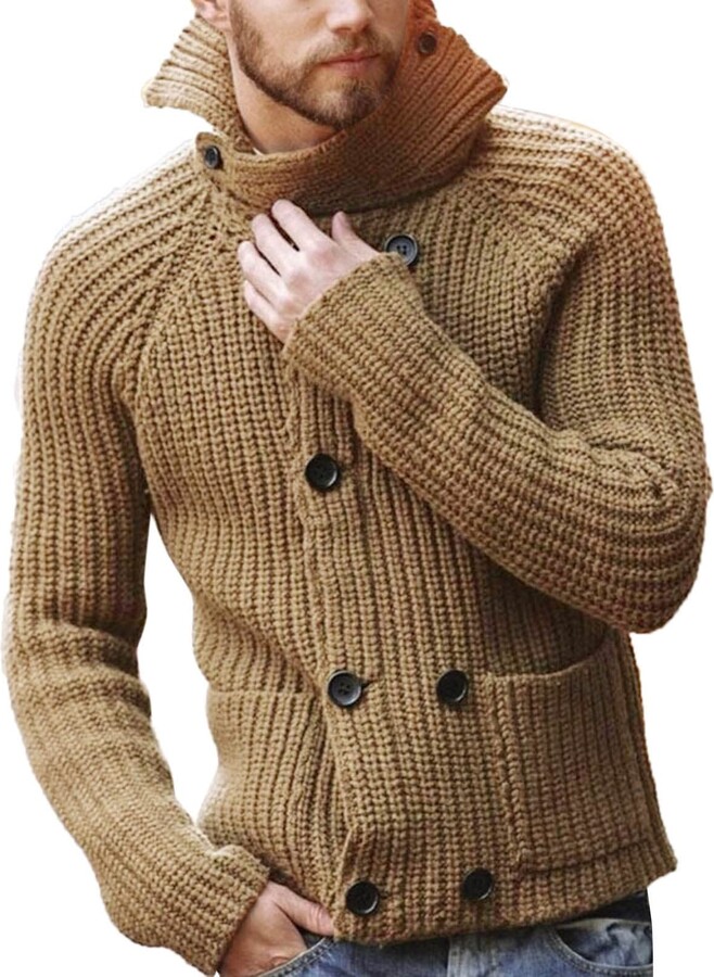 Generic Mens Autumn Chunky Knitted V Neck Buttoned Cable Knit