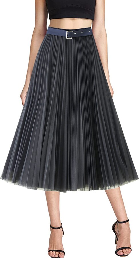 FEOYA Women Stylish Elegant Pleated Tulle Skirt A-Line Maxi Skirt High  Waist Mesh Skirt Petticoat Navy Blue - ShopStyle