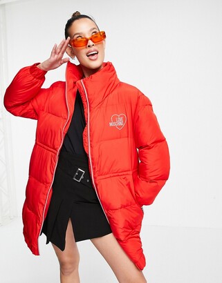 Love Moschino logo front mid length quilted jacket in red - ShopStyle