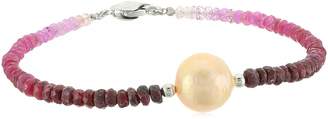 Honora Sterling Silver Cente Natural Ming Freshwater Cultu Pearls with Ruby Ombre Faceted Graduation Bracelet, 7.5"