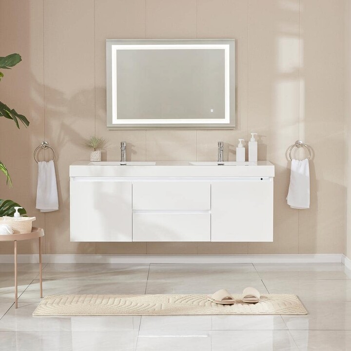 Vanity Art Annecy 60 in. W x 18.5 in. D x 20 in. H Bathroom Wall Hung LED Vanity in White w/ Double Basin Vanity Top in White Resin