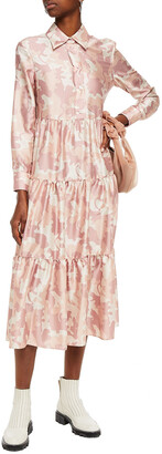 VIVETTA Gathered Camouflage-print Satin-twill Midi Shirt Dress