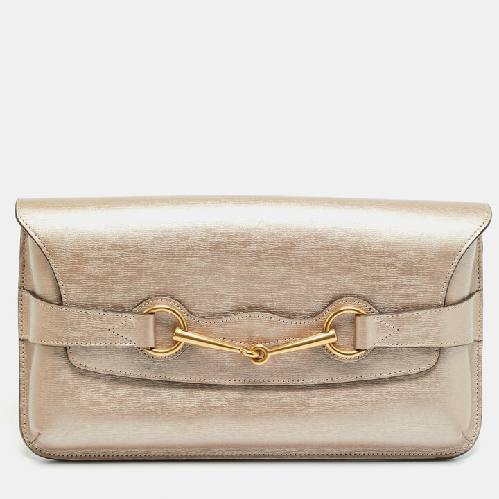 Gucci Bright Bit Metallic Beige Leather Clutch