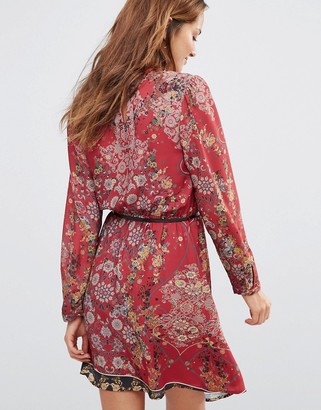 Lavand Sheer Long Sleeve Red Floral Dress with Belt