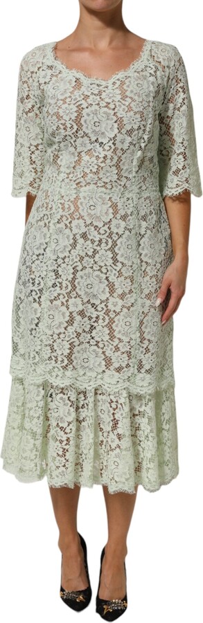 Dolce & Gabbana Mint Green Floral Lace Trim Midi Women's Dress