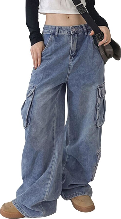 Merfrede Women Y2K Low Waist Jeans Casual Wide Leg Baggy Cargo Pants with  Pockets Vintage Aesthetic Denim Trouser Streetwear (Blue - ShopStyle