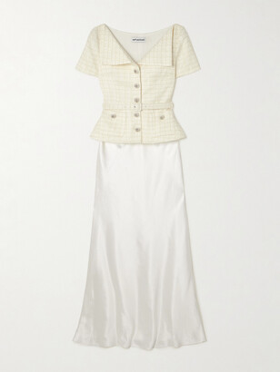 Self-Portrait Belted Embellished Bouclé And Satin Maxi Dress - Cream