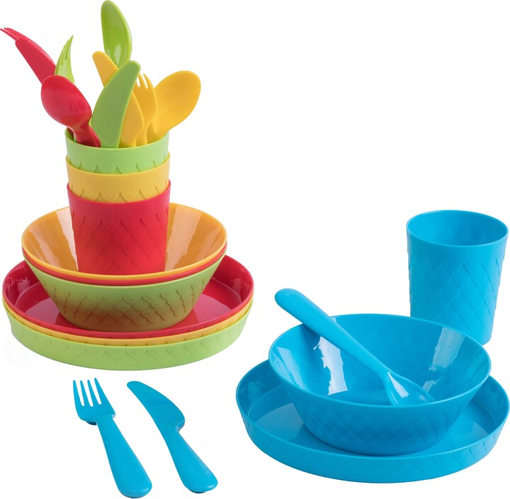 Basicwise Kids Dinnerware Set for 4 | 24 Piece Plastic Dishes Dinnerware Sets | Dinnerware Set Plastic 4 Plates, 4 Bowls, 4 Cups, 4 Forks, 4 Knives, and 4 Spoons