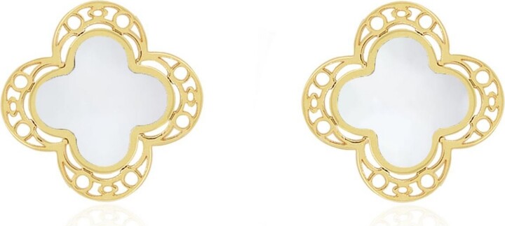 The Lovery Mother of Pearl Lace Clover Stud Earrings 14K Gold
