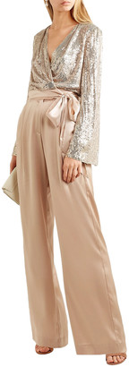 Jenny Packham Satin-trimmed Sequined Silk-chiffon Wrap Top