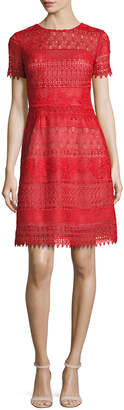 Marchesa Notte Short-Sleeve Macramé Lace A-Line Dress, Red