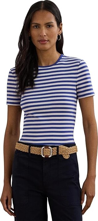 Lauren Ralph Lauren Striped Stretch Cotton Crewneck T-Shirts Women's Clothing Blue Lapis/White : XS, Cotton/Elastane