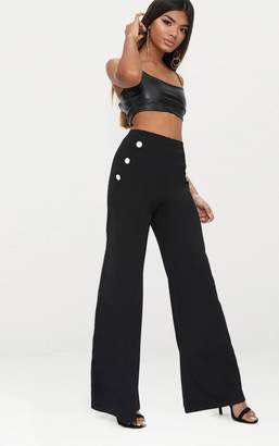 PrettyLittleThing Petite Black Military Button Wide Leg Trousers