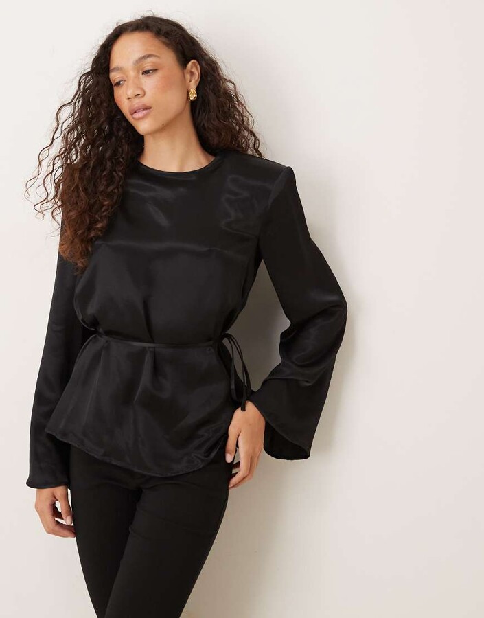 ASOS DESIGN satin blouson tie waist top with shoulder pads in