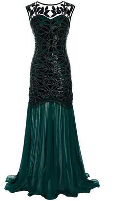 M MAYEVER 1920s Long Prom Dress Sequin Bead Gatsby Ball Party Gown with Headband (XXL, Black & Gold)