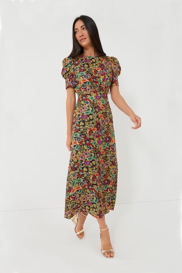 SALONI Michelle velvet-trimmed floral-print hammered silk-satin maxi dress