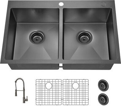 Wovilo 18Gauge Stainless Steel Gunmetal Black Sink - 33X22inch Double Bowl Heavy Duty With Bottom Grid And Faucet Combos 33X22inch Kitchen In Steel Large