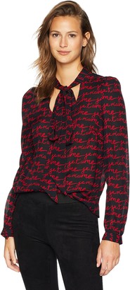 Milly Women's Je T'Aime Printed Slim Tie Neck Long Sleeve Blouse