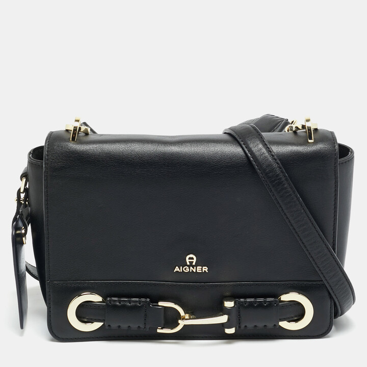 Aigner Black Leather Flap Shoulder Bag