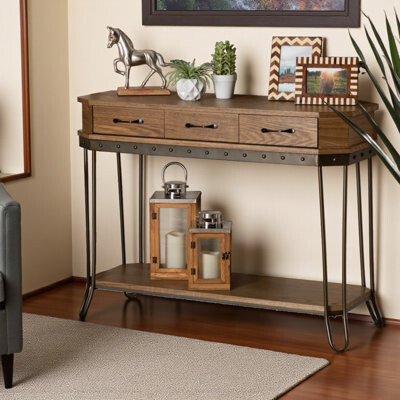 17 Stories Serene 3-drawer Console Table in Vintage Rustic Industrial Oak Brown Finish and Black Finish