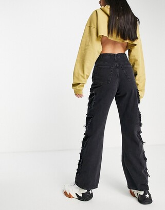 Bershka cut out ripped detail straight leg jeans in black - ShopStyle