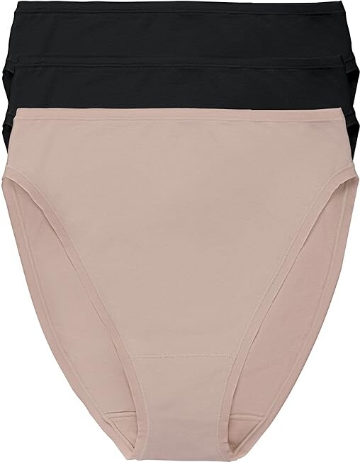 Natori Bliss Bare Cotton High Cut Brief 3-Pack Women's Underwear Black/Black/Cafe : M (Women's 10-12), Cotton/Elastane/Lycra
