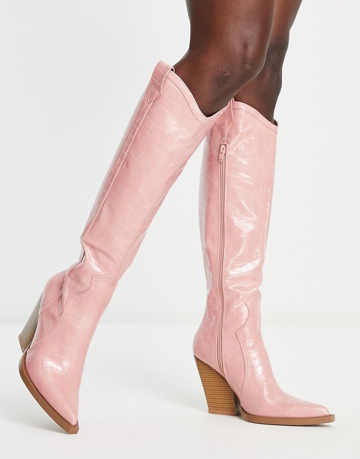 Pink Elisabetta Franchi Leather Knee Boots in Pastel Pink Womens Shoes Boots Over-the-knee boots 