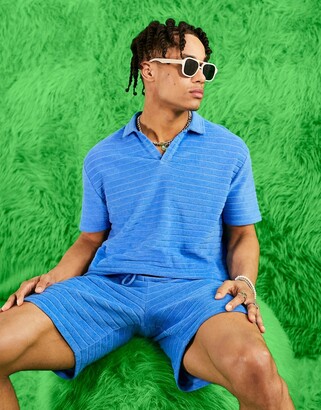 ASOS DESIGN co-ord relaxed polo in striped towelling in blue