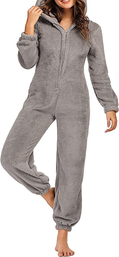 Shuyun Ladies Fleece All in One Piece Pyjamas Jump Sleep Suit Onesie PJs  Nightwear New (Grey - ShopStyle