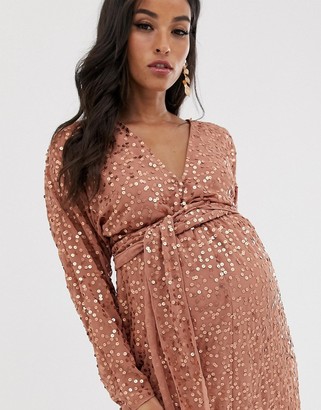 ASOS DESIGN Maternity midi dress with batwing sleeve and wrap waist in scatter sequin