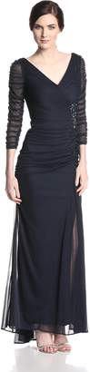 Adrianna Papell Women's 3/4 Sleeve Evening Gown with V-Neckline and Rouched Bodice