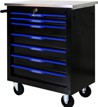 WFX Utility 7 Drawers Mobile Garage Tool Cabinet - Black+Blue, Strong Steel Build, Lockable Storage, Stainless Countertops, 4\